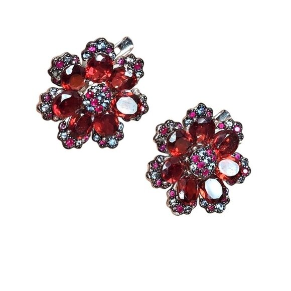 925 Sterling Silver flower Earrings with Natural Garnet, Sapphire, Ruby Gemstone - Picture 4 of 9